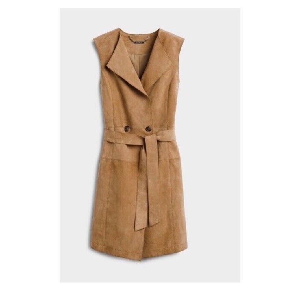 White House Black Market Brown Tan Genuine Suede Vest sz L Belted New Stylish